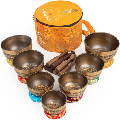 Himalayan Bazaar Tibetan Singing Bowls Set Of 7 Bronze for Meditation Mindfulness with Carry Box - Himalayan Bazaar