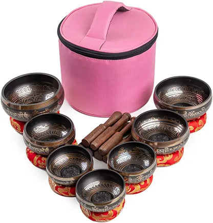 Himalayan Bazaar Tibetan Singing Bowls Set Of 7 Bronze for Meditation Mindfulness with Carry Box - Himalayan Bazaar