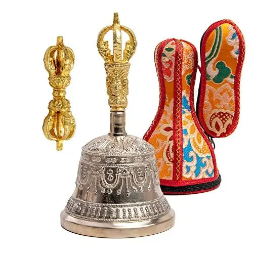 Large Tibetan Buddhist Meditation Alter Pray Singing Bowl Bell Bronze and Dorje Set 18 cm X 9 cm - Himalayan Bazaar - Himalayan Bazaar