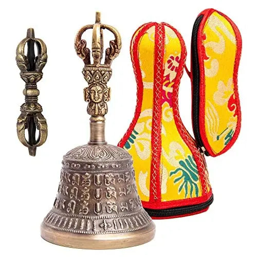 Large Tibetan Buddhist Meditation Alter Pray Singing Bowl Bell Bronze and Dorje Set 18 cm X 9 cm - Himalayan Bazaar - Himalayan Bazaar