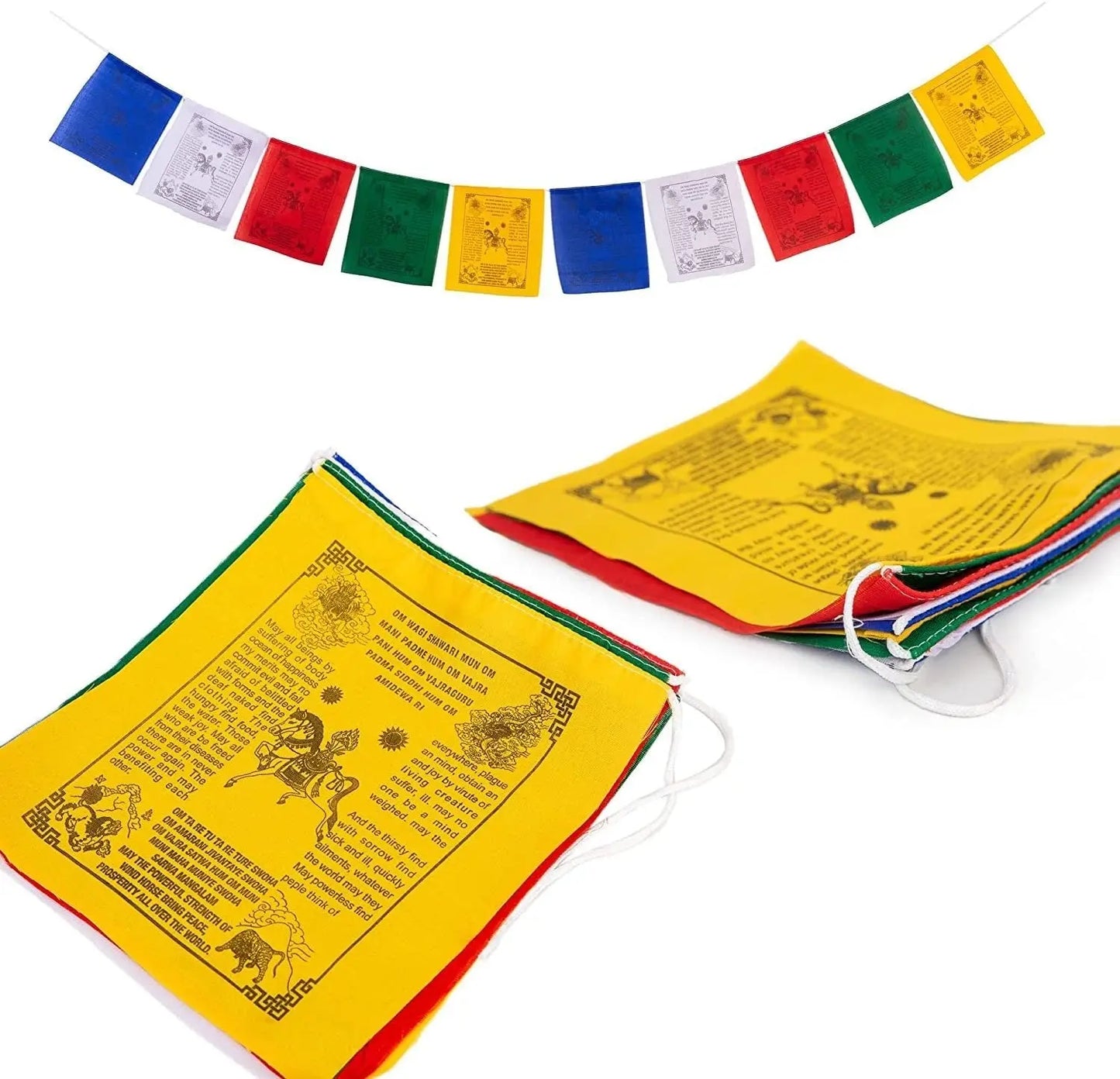 Tibetan Prayer Flags English - Handprinted in Nepal Wind Horse Cotton Flag Affirmation (10-Flags) - Himalayan Bazaar