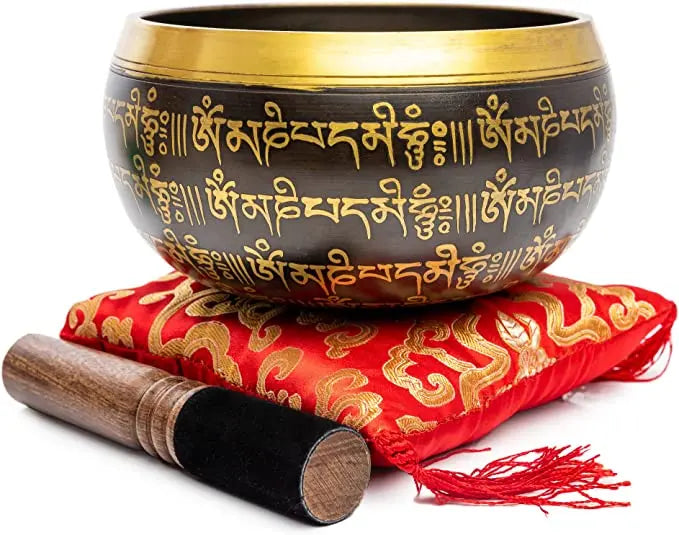 Tibetan Singing Bowl Set - 4" Easy To Play Authentic Handmade For Meditation Sound 7 Chakra Healing By Himalayan Bazaar (Brown & Red) - Himalayan Bazaar