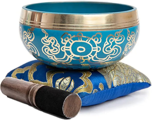 Tibetan Singing Bowl Set Blue - Easy To Play for Beginners - Authentic Handcrafted Mindfulness Meditation Holistic Sound 7 Chakra Healing Gift by Himalayan Bazaar - Himalayan Bazaar