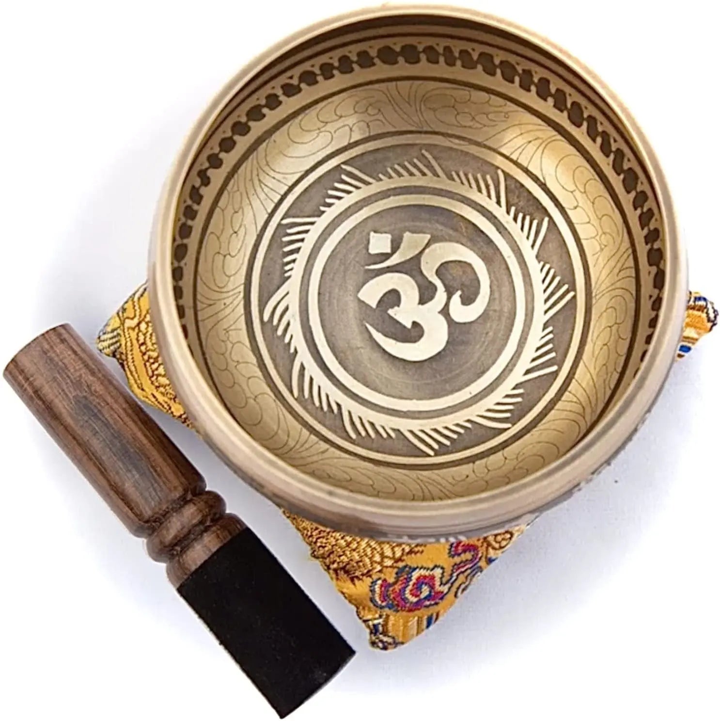 Tibetan Singing Bowl Set - Easy To Play - Om Design For Meditation Sound Chakra Yoga Healing 4 Inches By Himalayan Bazaar (Gold & Yellow) Himalayan Bazaar