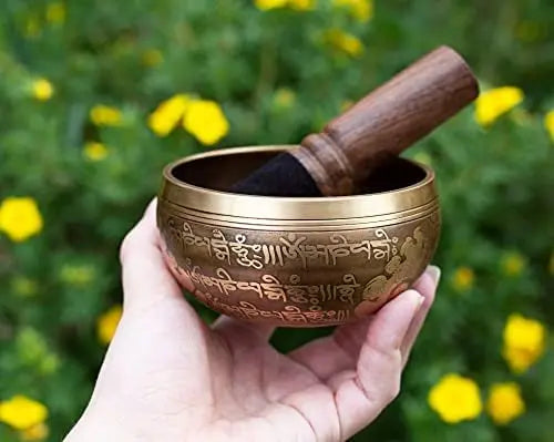 Tibetan Singing Bowl Set - Easy To Play - Om Design For Meditation Sound Chakra Yoga Healing 4 Inches By Himalayan Bazaar (Gold & Yellow) Himalayan Bazaar