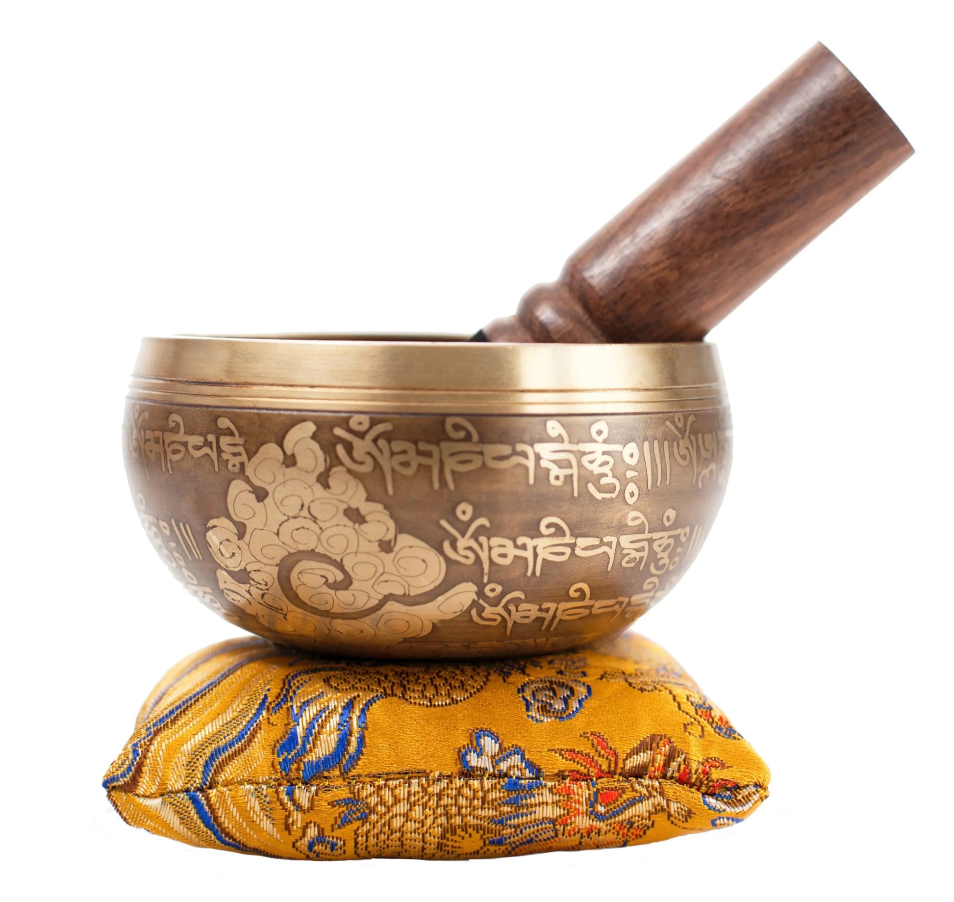 Tibetan Singing Bowl Set - Easy To Play - Om Design For Meditation Sound Chakra Yoga Healing 4 Inches By Himalayan Bazaar (Gold & Yellow) Himalayan Bazaar