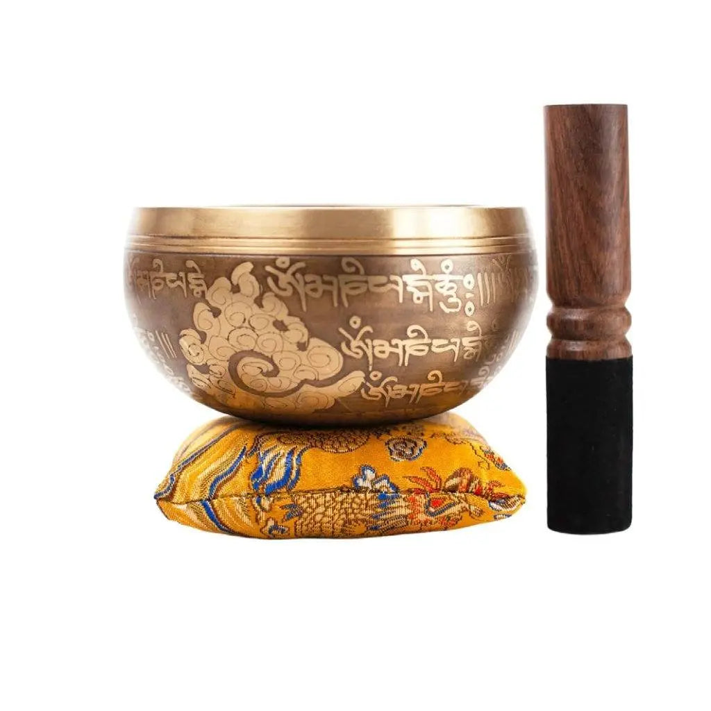 Tibetan Singing Bowl Set - Easy To Play - Om Design For Meditation Sound Chakra Yoga Healing 4 Inches By Himalayan Bazaar (Gold & Yellow) Himalayan Bazaar