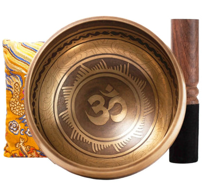 Tibetan Singing Bowl Set - Easy To Play - Om Design For Meditation Sound Chakra Yoga Healing 4 Inches By Himalayan Bazaar (Gold & Yellow) Himalayan Bazaar