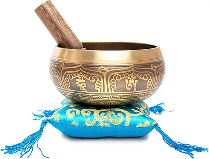 Tibetan Singing Bowl Set - Easy To Play - Om Design For Meditation Sound Chakra Yoga Healing 4 Inches By Himalayan Bazaar (Gold & Yellow) Himalayan Bazaar