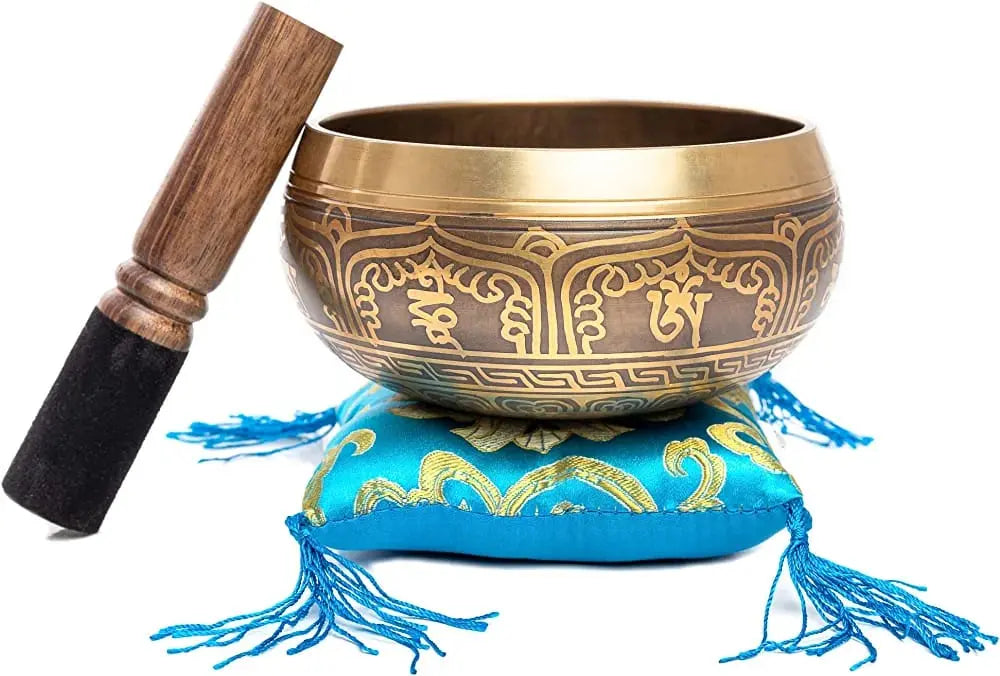 Tibetan Singing Bowl Set - Easy To Play - Om Design For Meditation Sound Chakra Yoga Healing 4 Inches By Himalayan Bazaar (Gold & Yellow) Himalayan Bazaar