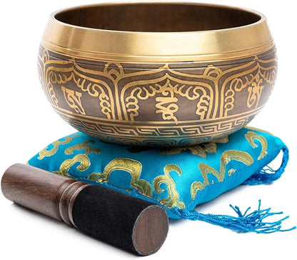 Tibetan Singing Bowl Set - Easy To Play - Om Design For Meditation Sound Chakra Yoga Healing 4 Inches By Himalayan Bazaar (Gold & Yellow) Himalayan Bazaar