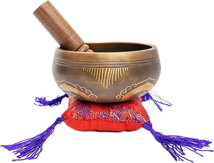 Tibetan Singing Bowl Set - Easy To Play - Om Design For Meditation Sound Chakra Yoga Healing 4 Inches By Himalayan Bazaar (Gold & Yellow) Himalayan Bazaar