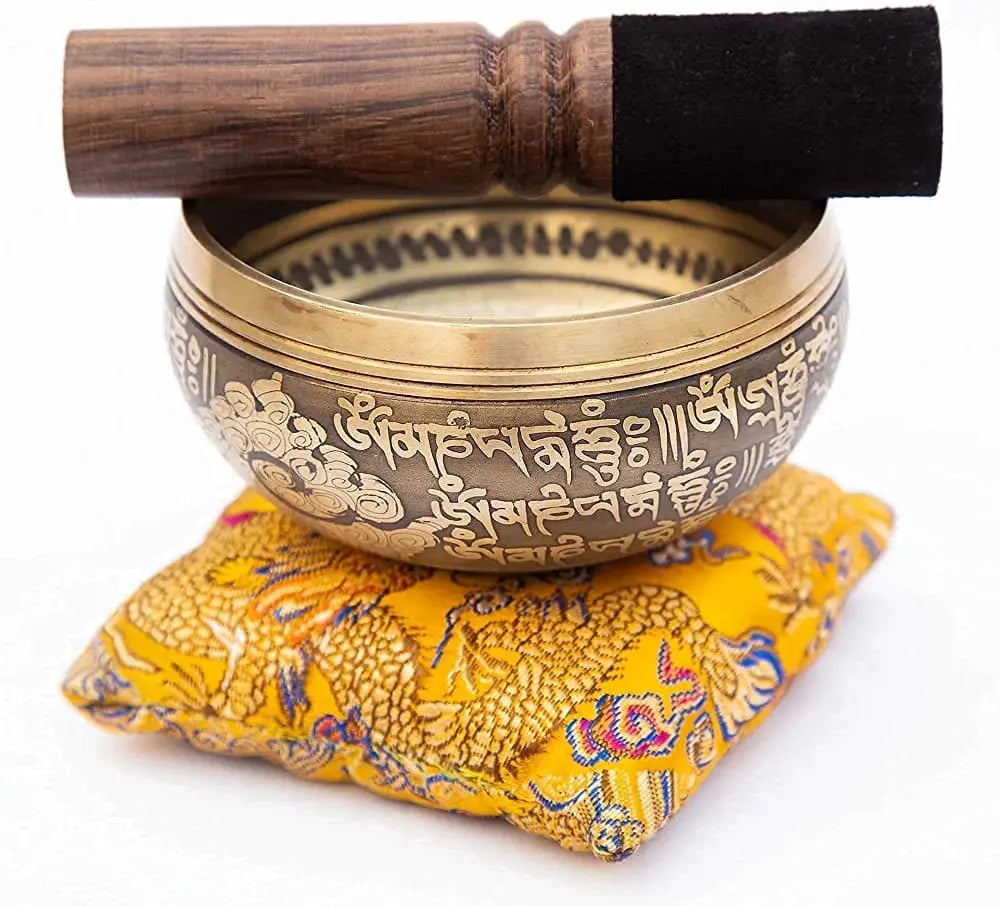 Tibetan Singing Bowl Set - Easy To Play - Om Design For Meditation Sound Chakra Yoga Healing 4 Inches By Himalayan Bazaar (Gold & Yellow) Himalayan Bazaar