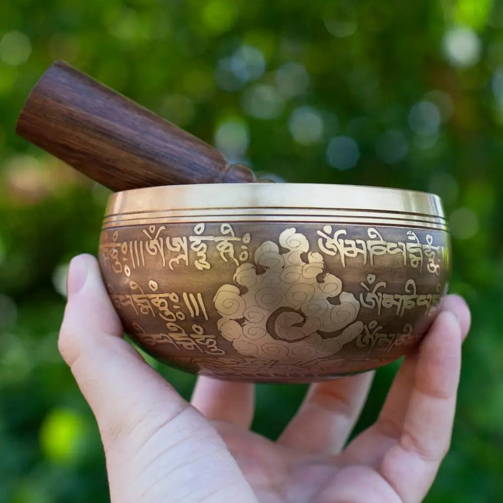 Tibetan Singing Bowl Set - Easy To Play - Om Design For Meditation Sound Chakra Yoga Healing 4 Inches By Himalayan Bazaar (Gold & Yellow) Himalayan Bazaar