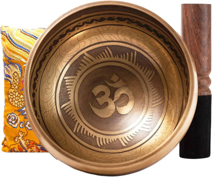 Tibetan Singing Bowl Set - Easy To Play - Om Design For Meditation Sound Chakra Yoga Healing 4 Inches By Himalayan Bazaar (Gold & Yellow) Himalayan Bazaar