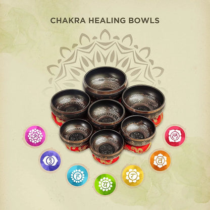 Tibetan Singing Bowls Set Of 7 Chakra Color for Meditation Mindfulness by Himalayan Bazaar - Himalayan Bazaar