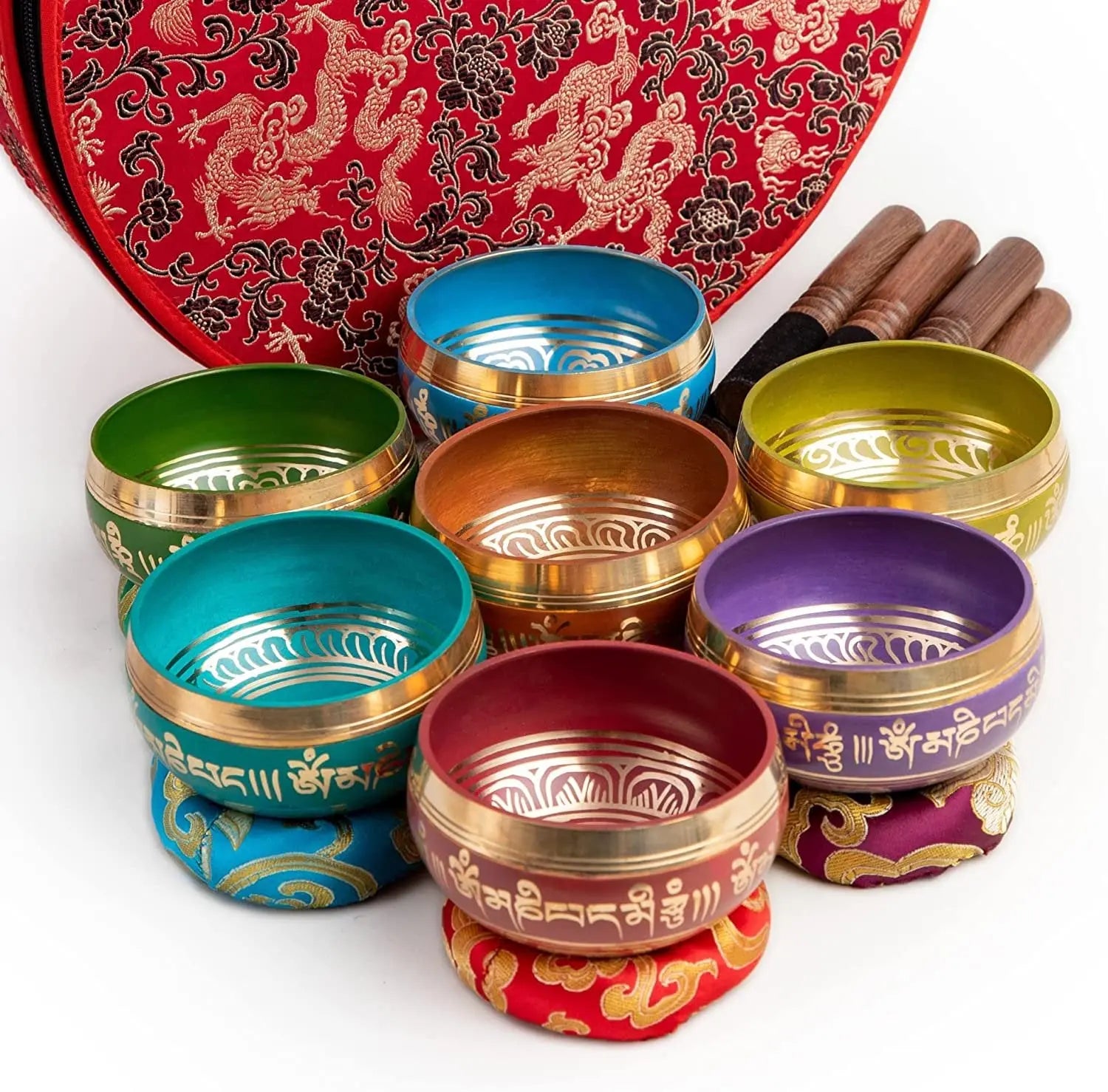 Tibetan Singing Bowls Set Of 7 Chakra Color for Meditation Mindfulness with Carry Box by Himalayan Bazaar - Himalayan Bazaar