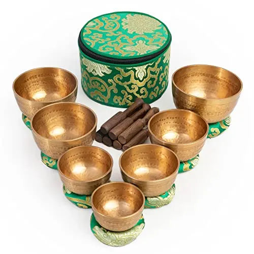 Tibetan Singing Bowls Set Of 7 Chakra - Pure Brass - Useful for Meditation Mindfulness with Carry Box by Himalayan Bazaar - Himalayan Bazaar