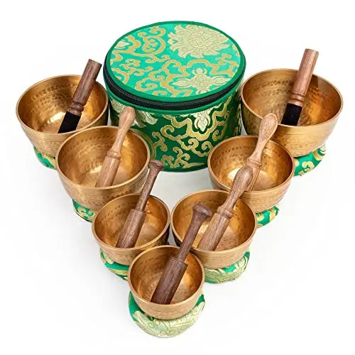 Tibetan Singing Bowls Set Of 7 Chakra - Pure Brass - Useful for Meditation Mindfulness with Carry Box by Himalayan Bazaar - Himalayan Bazaar