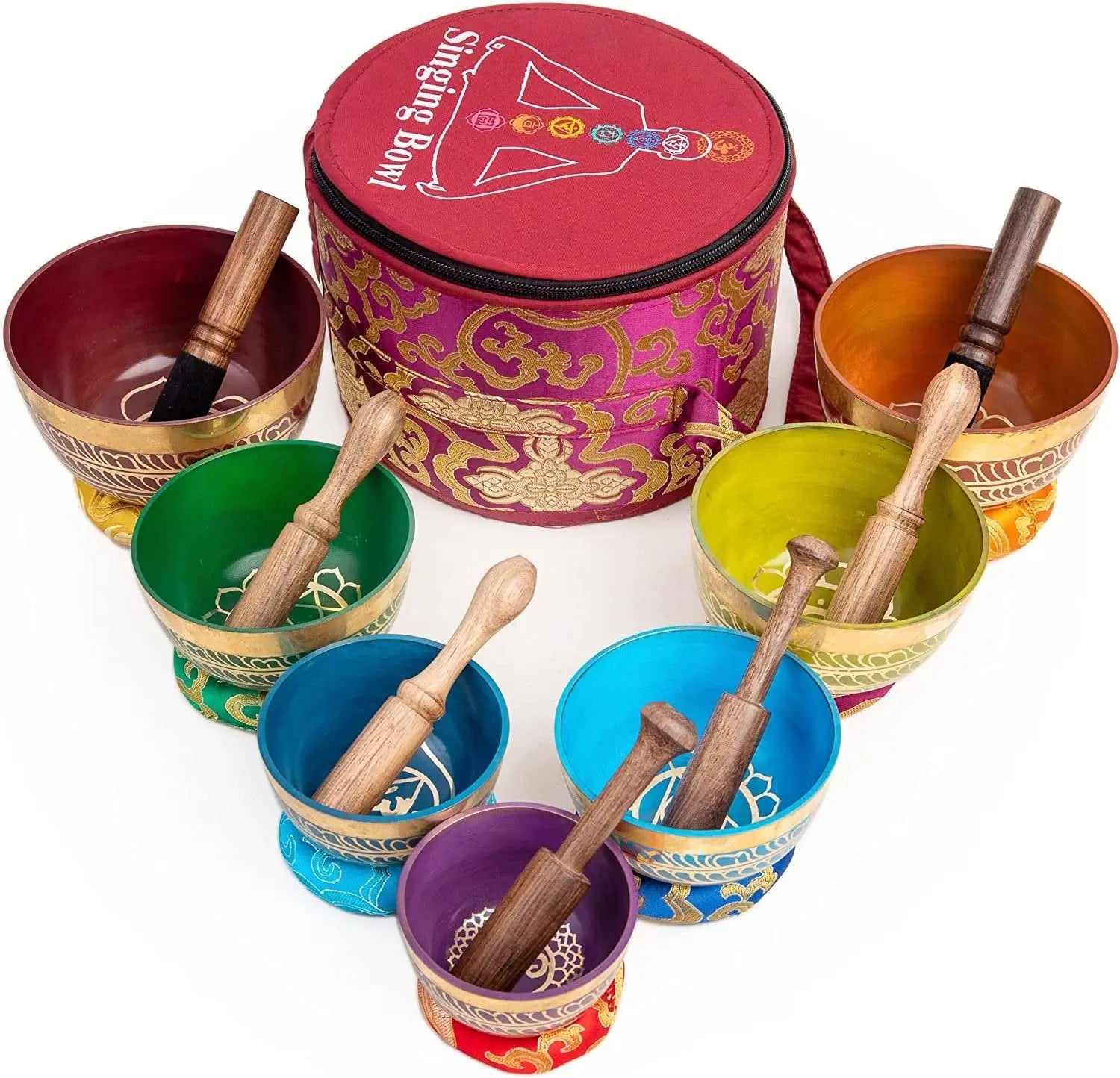 Tibetan Singing Bowls Set Of 7 Color for Meditation Mindfulness with Carry Box by Himalayan Bazaar - Himalayan Bazaar