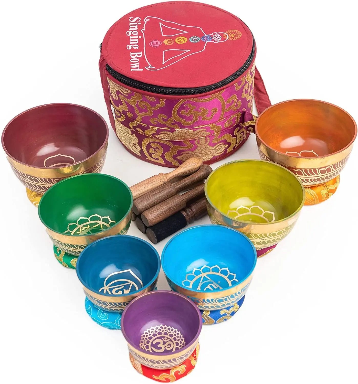 Tibetan Singing Bowls Set Of 7 Color for Meditation Mindfulness with Carry Box by Himalayan Bazaar - Himalayan Bazaar