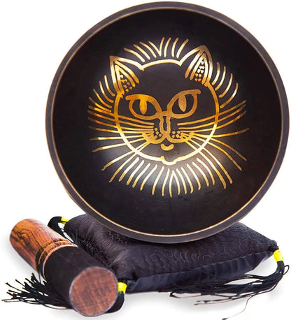 Tibetan Singing bowl Set - Easy To Play Cat Design Meditation Mindful 7 Chakra Sound Healing Handcrated Gift By HIMALAYAN BAZAAR - Himalayan Bazaar