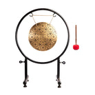 Divine Energy Mandala Gong displayed with a wooden mallet and black metal stand, showcasing the complete set.