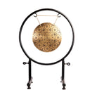 Front view of the Divine Energy Mandala Gong with sacred mandala patterns displayed on a black metal stand.