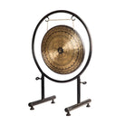 Full view of the Spiritual Om Mandala Gong on its sturdy black stand