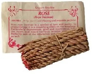 Handcrafted Rose Rope Incense from Nepal with traditional packaging, featuring braided incense ropes and a description label.